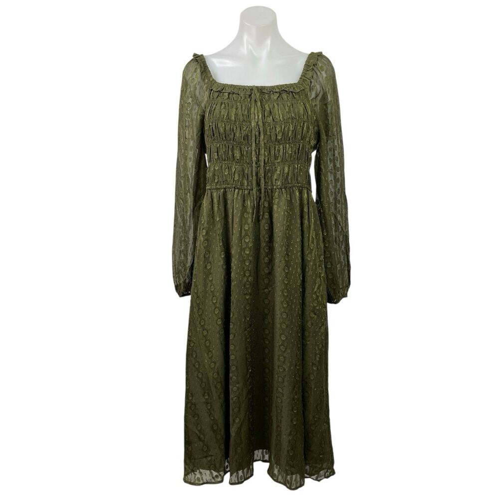 Skies Are Blue Green Mesh Long Sleeve Smocked Midi Maxi A-Line Flared Dress Sz M